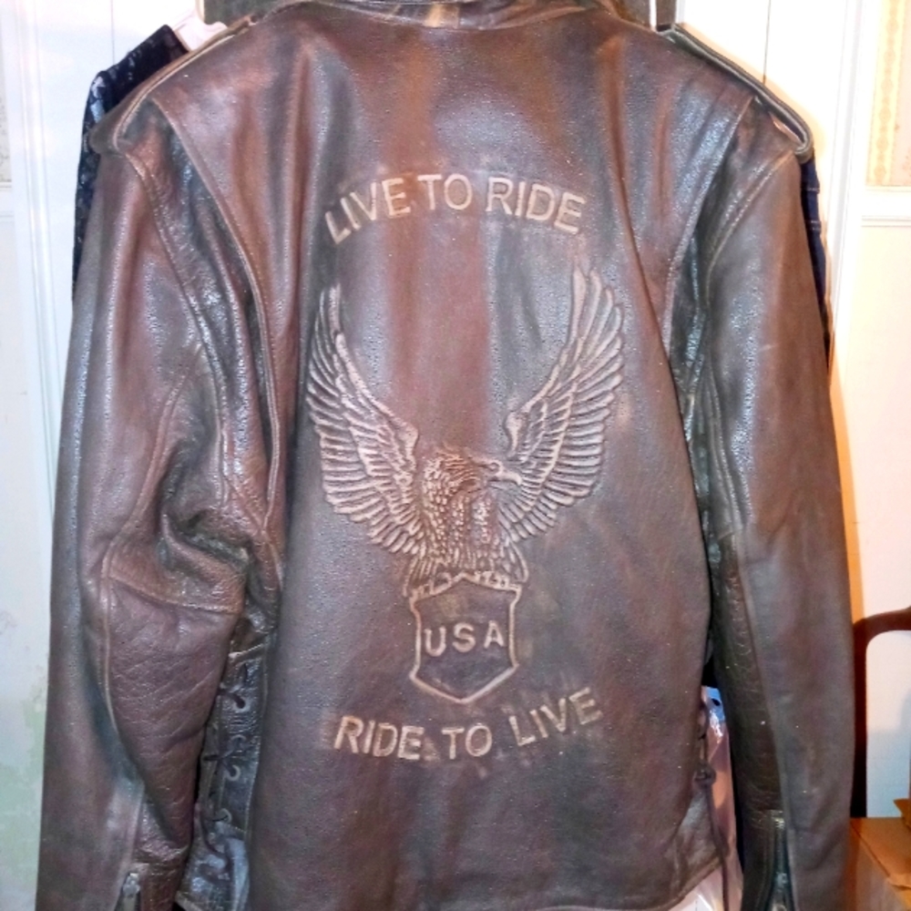 Brown leather biker jacket, men's size 46 (XL)
